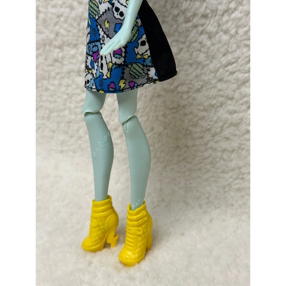 Monster High Frankie Stein Doll Blue Patchwork Dress Yellow Wedge Boots